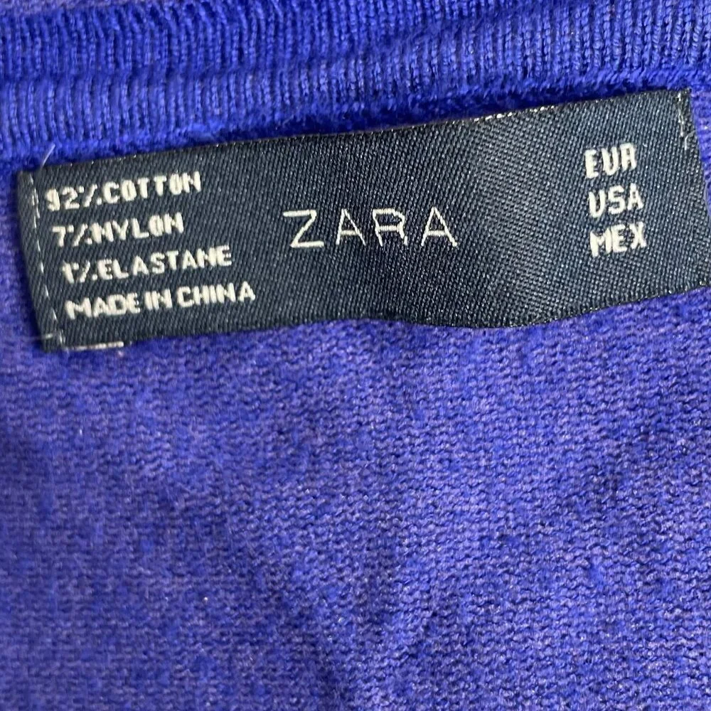 Zara Cobalt Blue V-Neck Button Up Cardigan Knit Sweater Cotton Blend Royal Blue